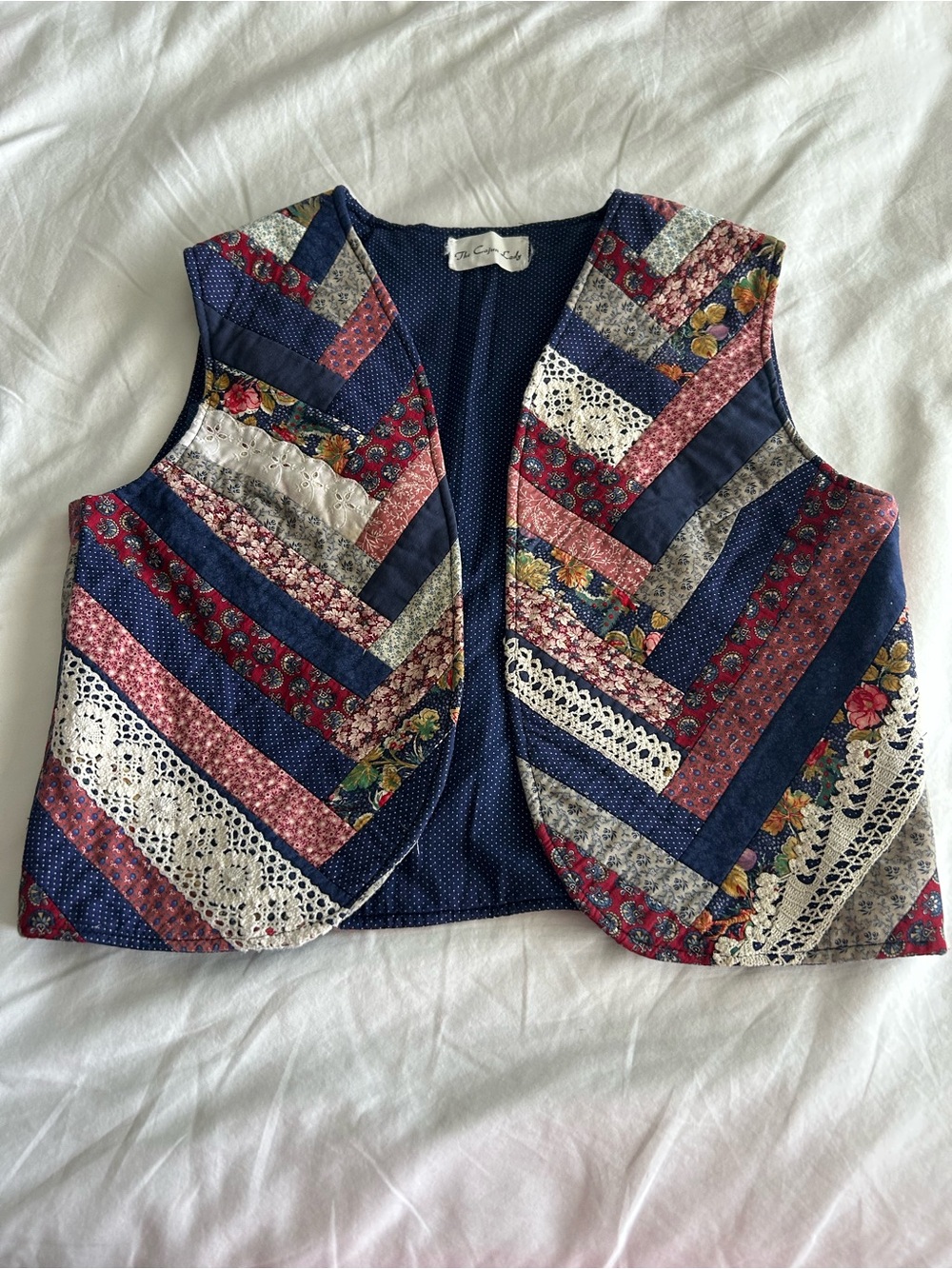 Patchwork Vintage Handmade Quilted Vest in Navy, Red, Cream Floral - Picture 3 of 9